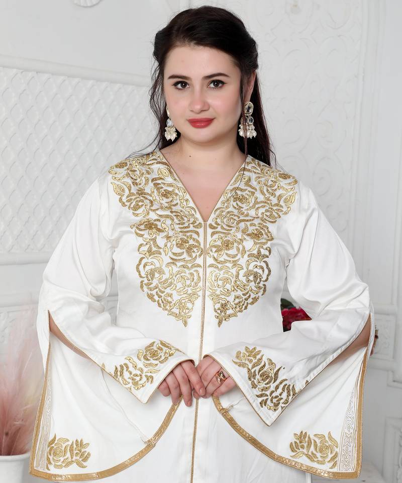 Royal Kaftan Dress In White With Gold Threadwork Embroidery