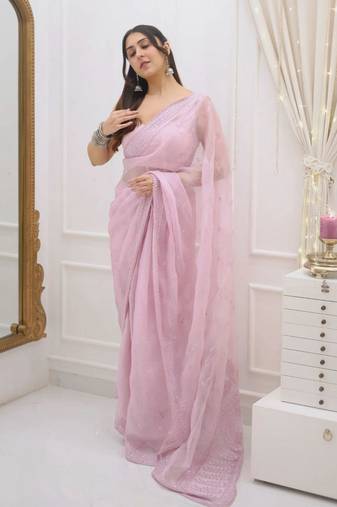 Light Pink Kota Check Fabric Saree
