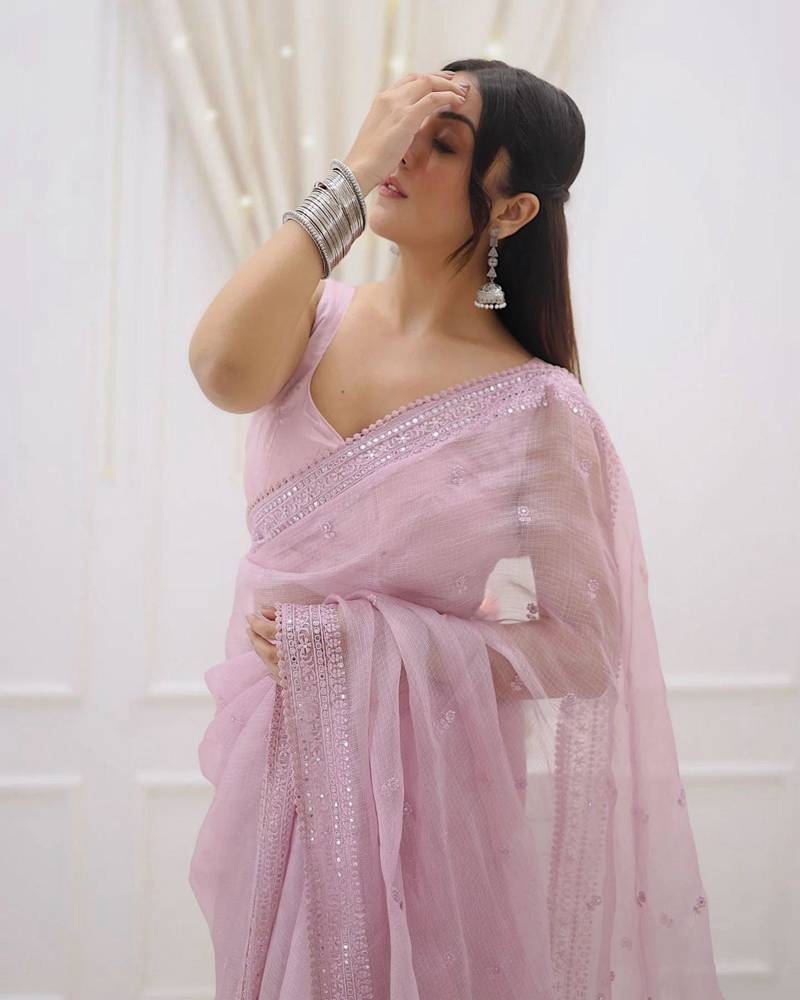 Light Pink Kota Check Fabric Saree