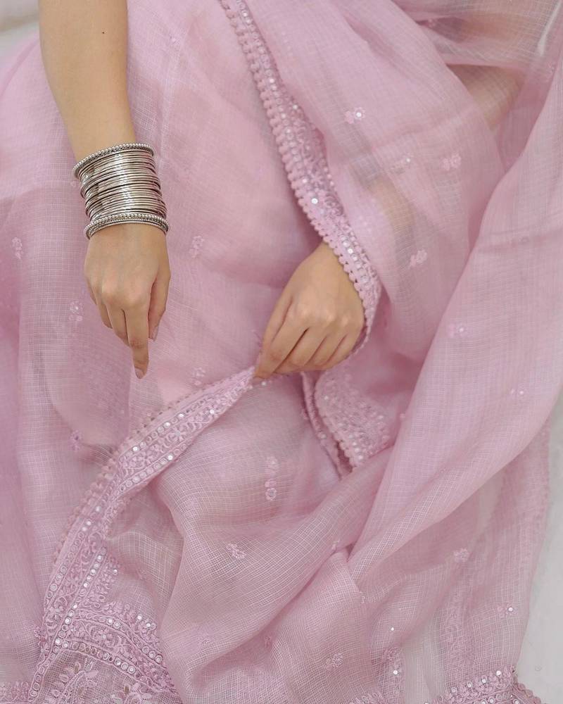 Light Pink Kota Check Fabric Saree