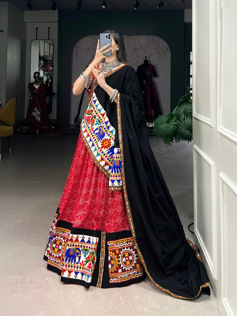 Red Bandhani Mirror Work Cotton Full Stitch Lehenga Choli 