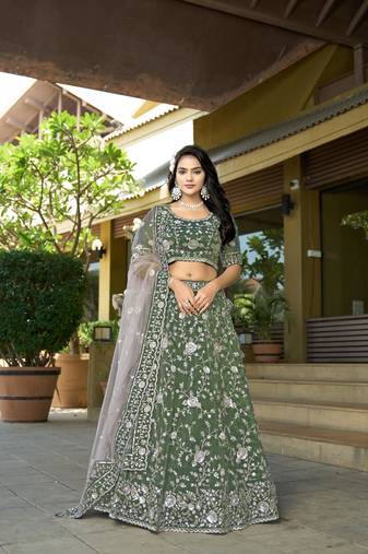 Green Tissue Zarkan Sequin Semi Stitch Lehenga