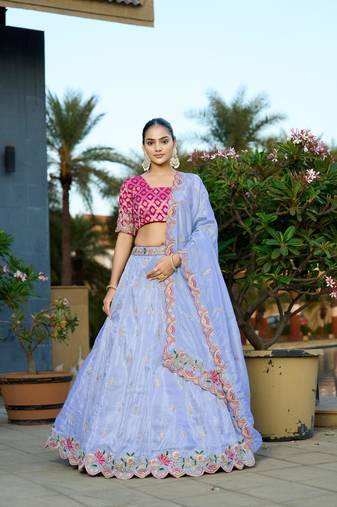 Blue Viscose Gota Work Embroidery Semi Stitch Lehenga