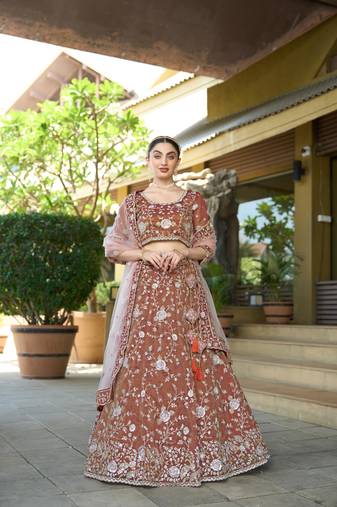 Brown Tissue Zarkan Sequin Semi Stitch Lehenga