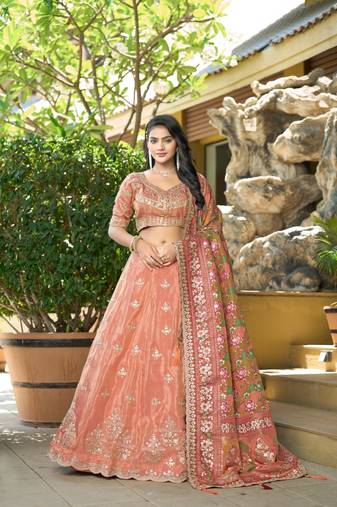 Orange Viscose Gota Work  Print Semi Stitch Lehenga