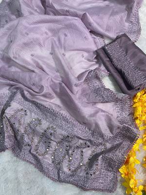 Lavender Kota Check Fabric Saree 1