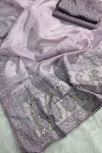 Lavender Kota Check Fabric Saree
