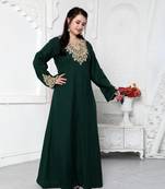 Dori Embroidery Jalabiya In Dark Green in Gold Leaf Pattern