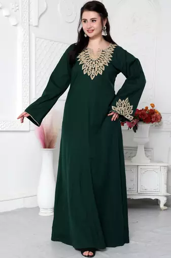 Dori Embroidery Jalabiya In Dark Green in Gold Leaf Pattern