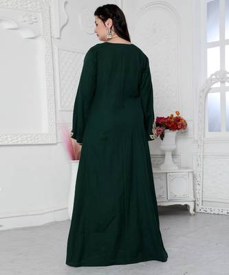 Dori Embroidery Jalabiya In Dark Green in Gold Leaf Pattern 4