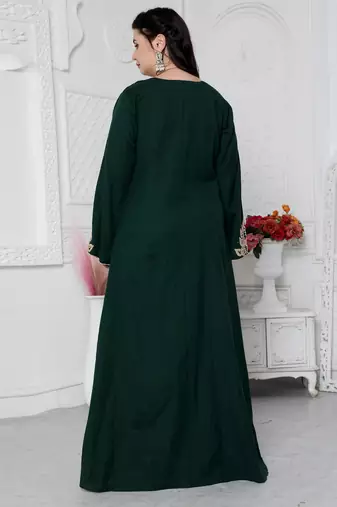 Dori Embroidery Jalabiya In Dark Green in Gold Leaf Pattern