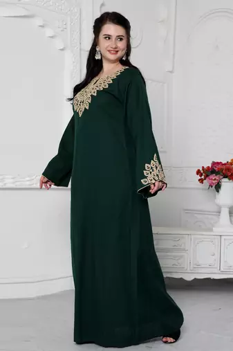 Dori Embroidery Jalabiya In Dark Green in Gold Leaf Pattern