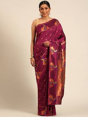 Purple paithani silk blend saree with unstitched blouse 1