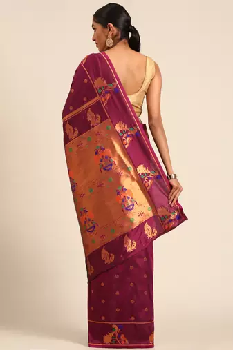 Purple paithani silk blend saree with unstitched blouse