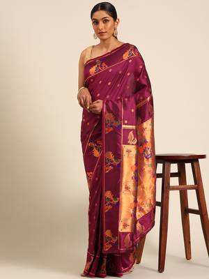 Purple paithani silk blend saree with unstitched blouse 3