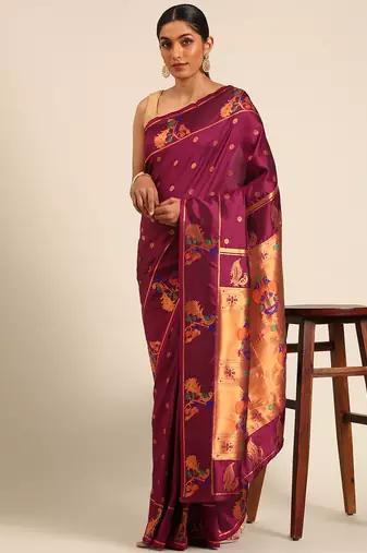 Purple paithani silk blend saree with unstitched blouse