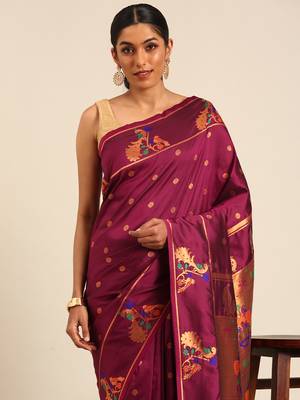 Purple paithani silk blend saree with unstitched blouse 4