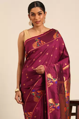 Purple paithani silk blend saree with unstitched blouse