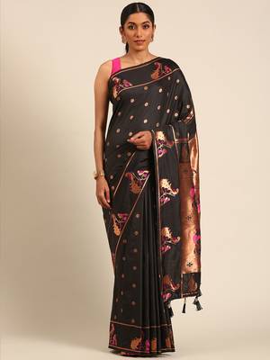 Black paithani silk blend saree with unstitched blouse 1