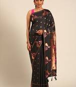 Black paithani silk blend saree with unstitched blouse