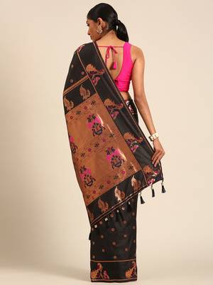 Black paithani silk blend saree with unstitched blouse 2