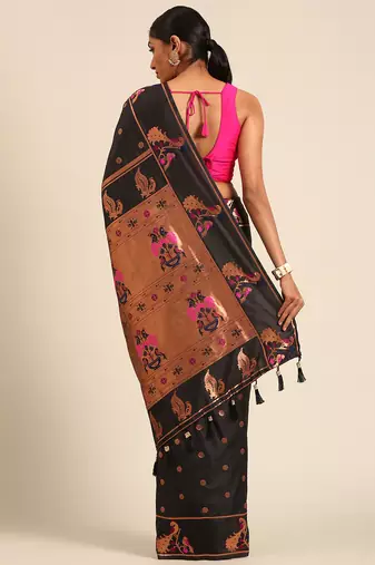 Black paithani silk blend saree with unstitched blouse