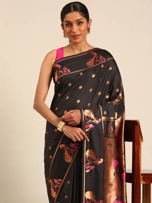 Black paithani silk blend saree with unstitched blouse 3