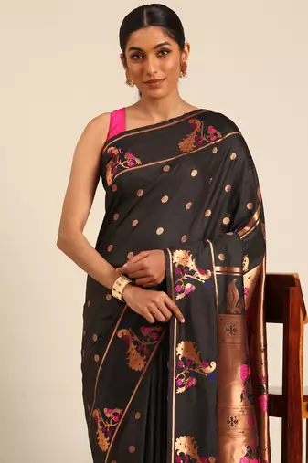 Black paithani silk blend saree with unstitched blouse