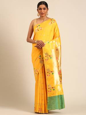 Yellow paithani silk blend saree with unstitched blouse 1