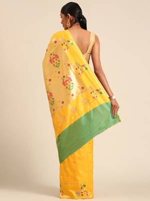 Yellow paithani silk blend saree with unstitched blouse 2