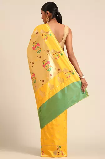 Yellow paithani silk blend saree with unstitched blouse