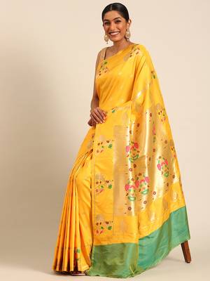 Yellow paithani silk blend saree with unstitched blouse 3