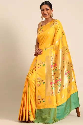 Yellow paithani silk blend saree with unstitched blouse