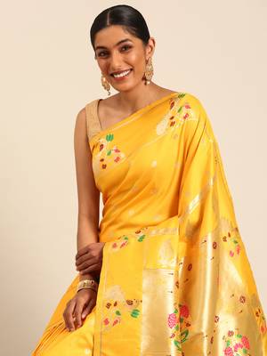 Yellow paithani silk blend saree with unstitched blouse 4