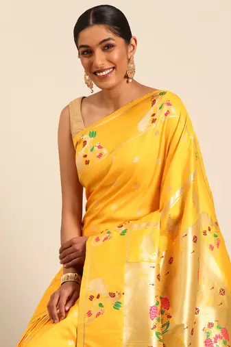 Yellow paithani silk blend saree with unstitched blouse