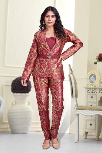 maroon jacquard ethnic motifs brocade woven design festive & party co-ord set