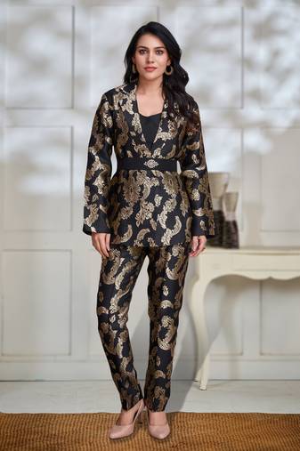 black jacquard ethnic motifs brocade woven design festive & party co-ord set