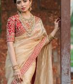 Light Beige embroidered Organza Silk Saree