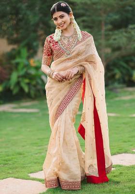 Light Beige embroidered Organza Silk Saree 3