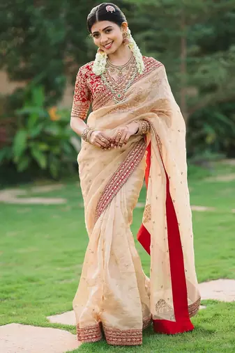 Light Beige embroidered Organza Silk Saree