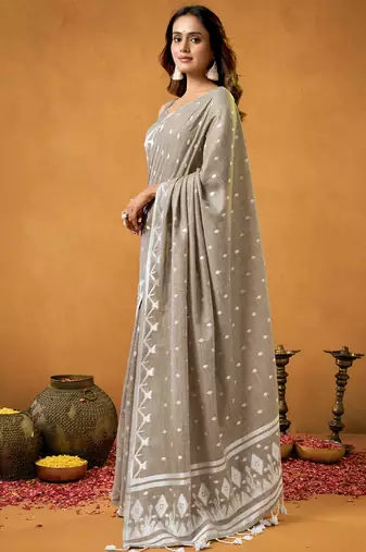 light Brown spun floral cotton jamdani saree