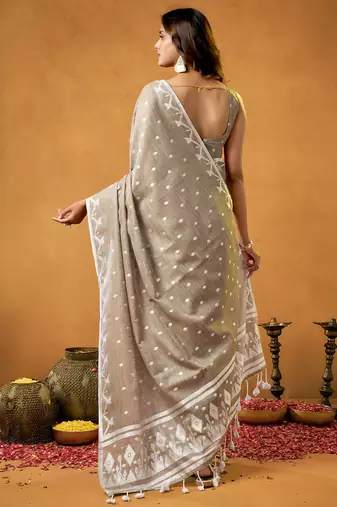 light Brown spun floral cotton jamdani saree