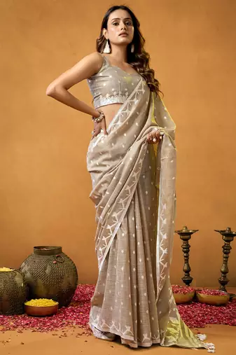 light Brown spun floral cotton jamdani saree