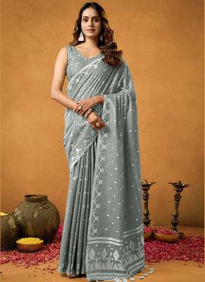Grey floral cotton floral jamdani saree 1