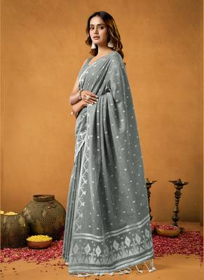 Grey floral cotton floral jamdani saree 2