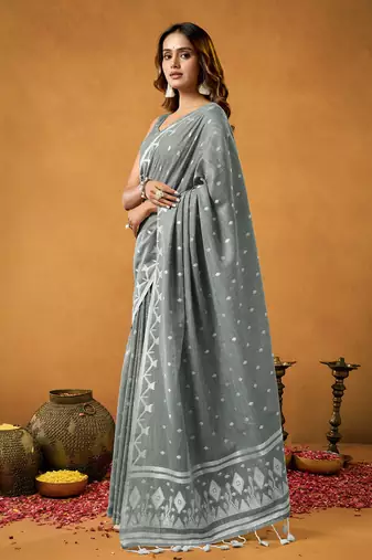Grey floral cotton floral jamdani saree