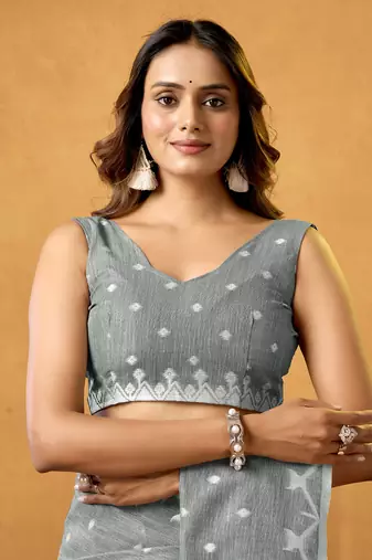 Grey floral cotton floral jamdani saree