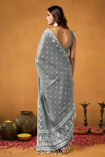 Grey floral cotton floral jamdani saree