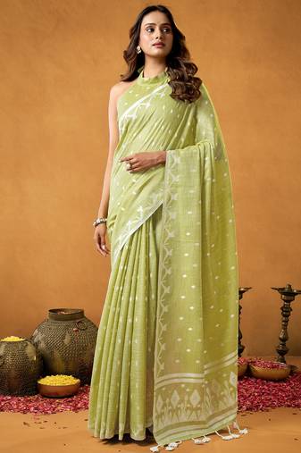 sea green spun floral cotton jamdani saree