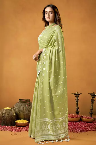 sea green spun floral cotton jamdani saree